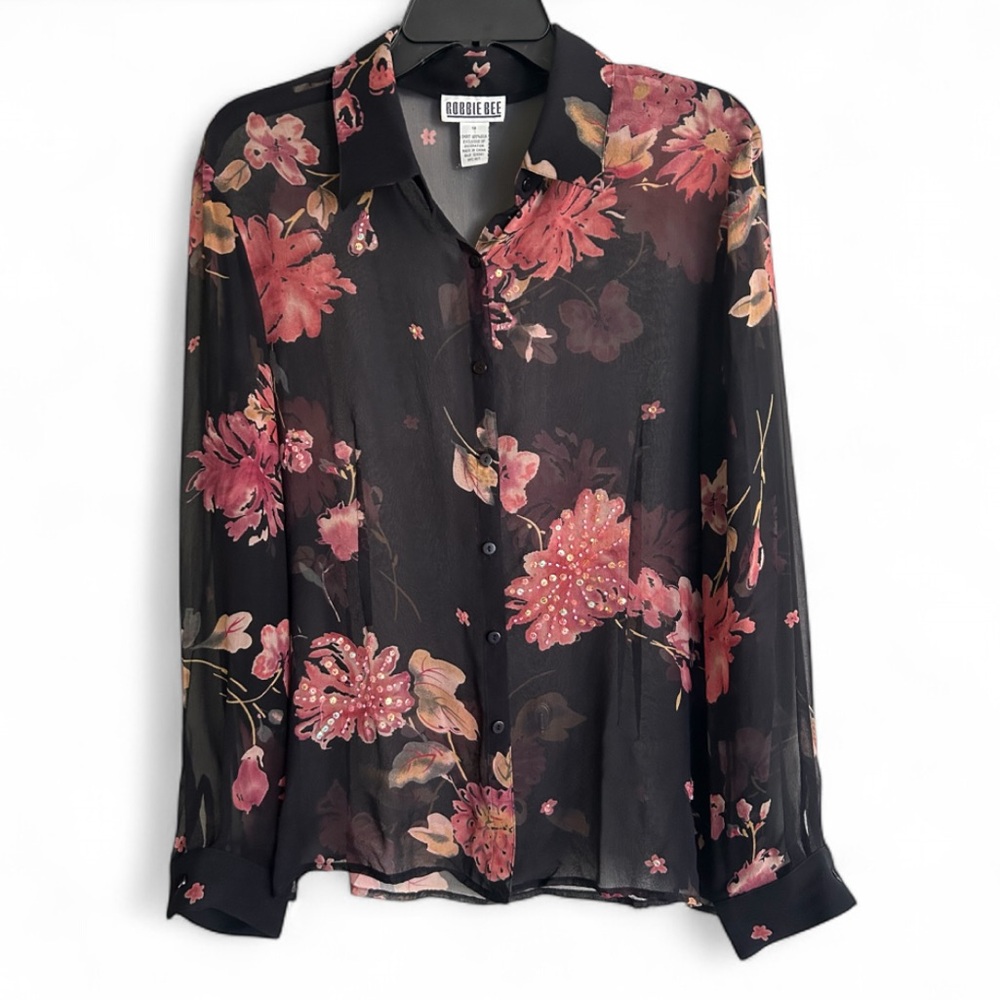 Y2K ROBBIE BEE Floral Sequin Sheer Silk Top Layer 90s Fairy Grunge Whimsigoth 14